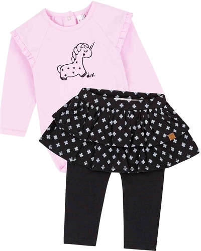 Deux par Deux Baby Girls' Pink Bodysuit and Skirted Leggings Set Unicorns and Dinos