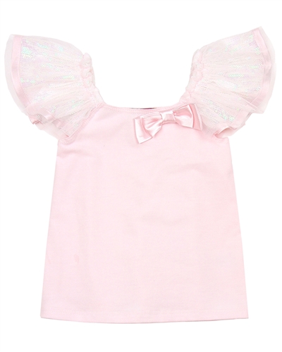 Kate Mack Girls' Top with Sequinned Sleeves Pompom Party