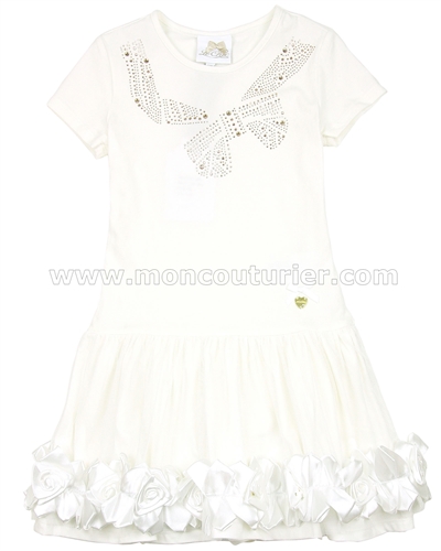 Le Chic Girls' Ivory Jersey Dress with Rosettes