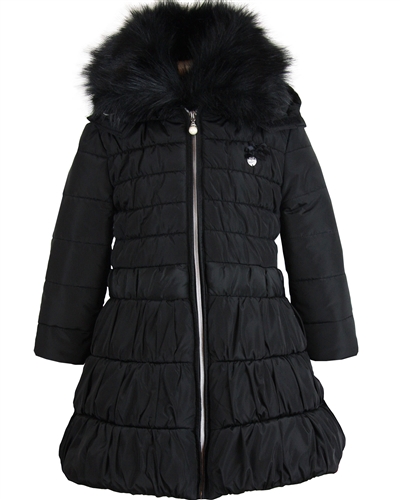 Le Chic Long Quilted Coat with Fur Collar Black