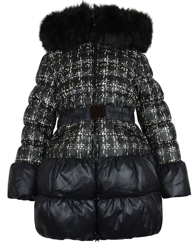 Lisa-Rella Girls' Plaid Print Down Coat with Fur Trim