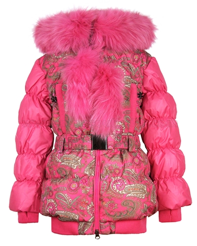 Lisa-Rella Girls' Quilted Down Coat with Real Fur Trim Paisley Print