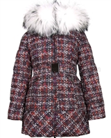 Lisa-Rella Girls' Quilted Down Coat with Real Fur Trim in Tweed Print