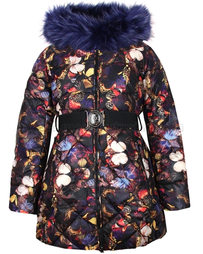 Lisa-Rella Girls' Quilted Coat in Butterfly Print with Fake Fur