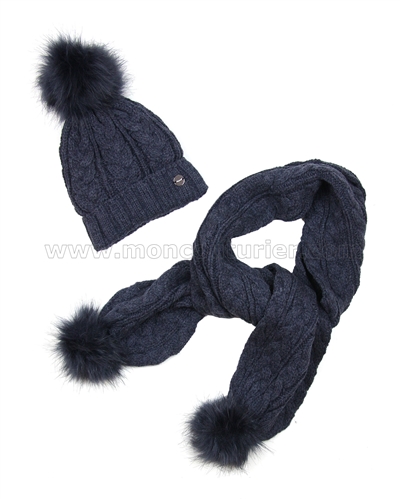 Mayoral Junior Girl's Cable Knit Hat and Scarf with Pompoms Indigo