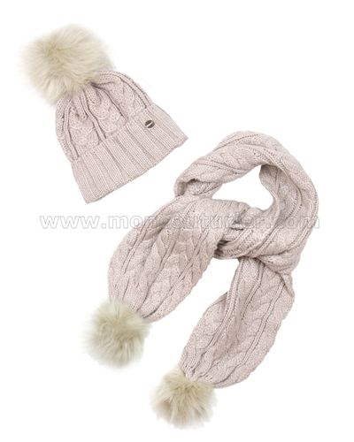 Mayoral Junior Girl's Cable Knit Hat and Scarf with Pompoms Beige