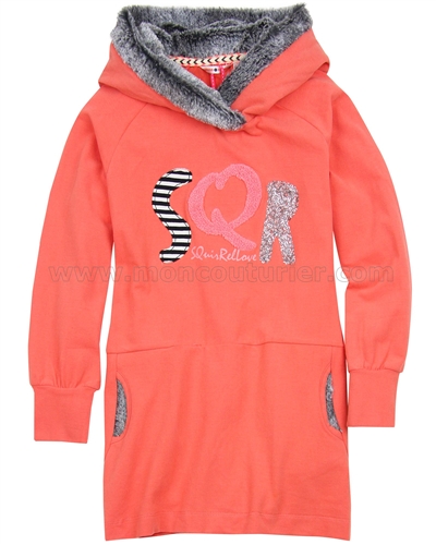 Nono Jersey Dress with Furry Hood Coral