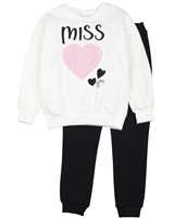 Quimby Girls Sweatshirt with Heart and Pants Set in White/Navy