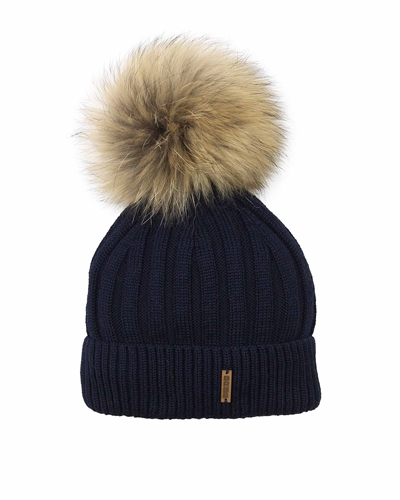 Barbaras Boys' Wool Beanie Hat in Navy with Racoon Pompom