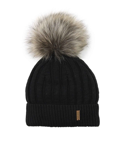 Barbaras Boys' Wool Beanie Hat in Black with Racoon Pompom