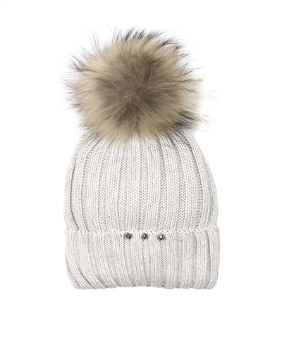 Barbaras Girls Wool Beanie Hat in Grey with Racoon Pompom