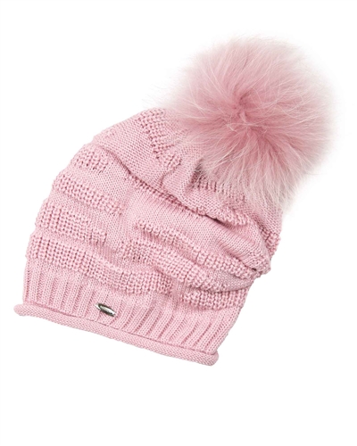 Barbaras Girls Slouchy Beanie in Pink with Racoon Pompom