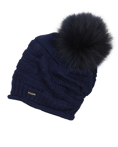 Barbaras Girls Slouchy Beanie in Navy with Racoon Pompom