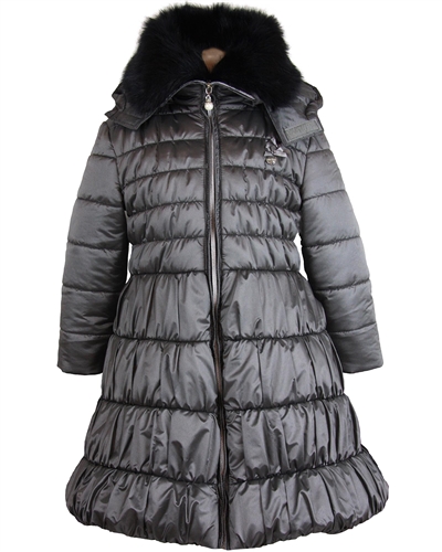 Le Chic Long Quilted Coat with Fur Collar Gray