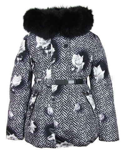 Lisa-Rella Girls' Floral Print Down Jacket with Real Fur Trim
