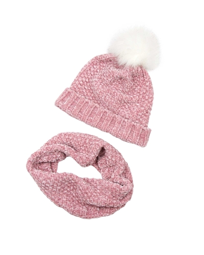 3Pommes Hat with Pompom and Snood Set in Pink
