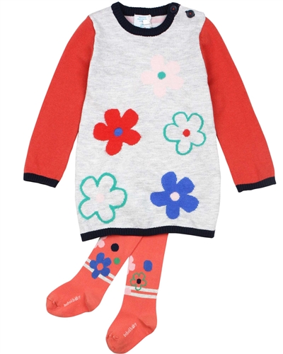 Boboli Little Girls Stripes and Flowers Knit Dress with Tights