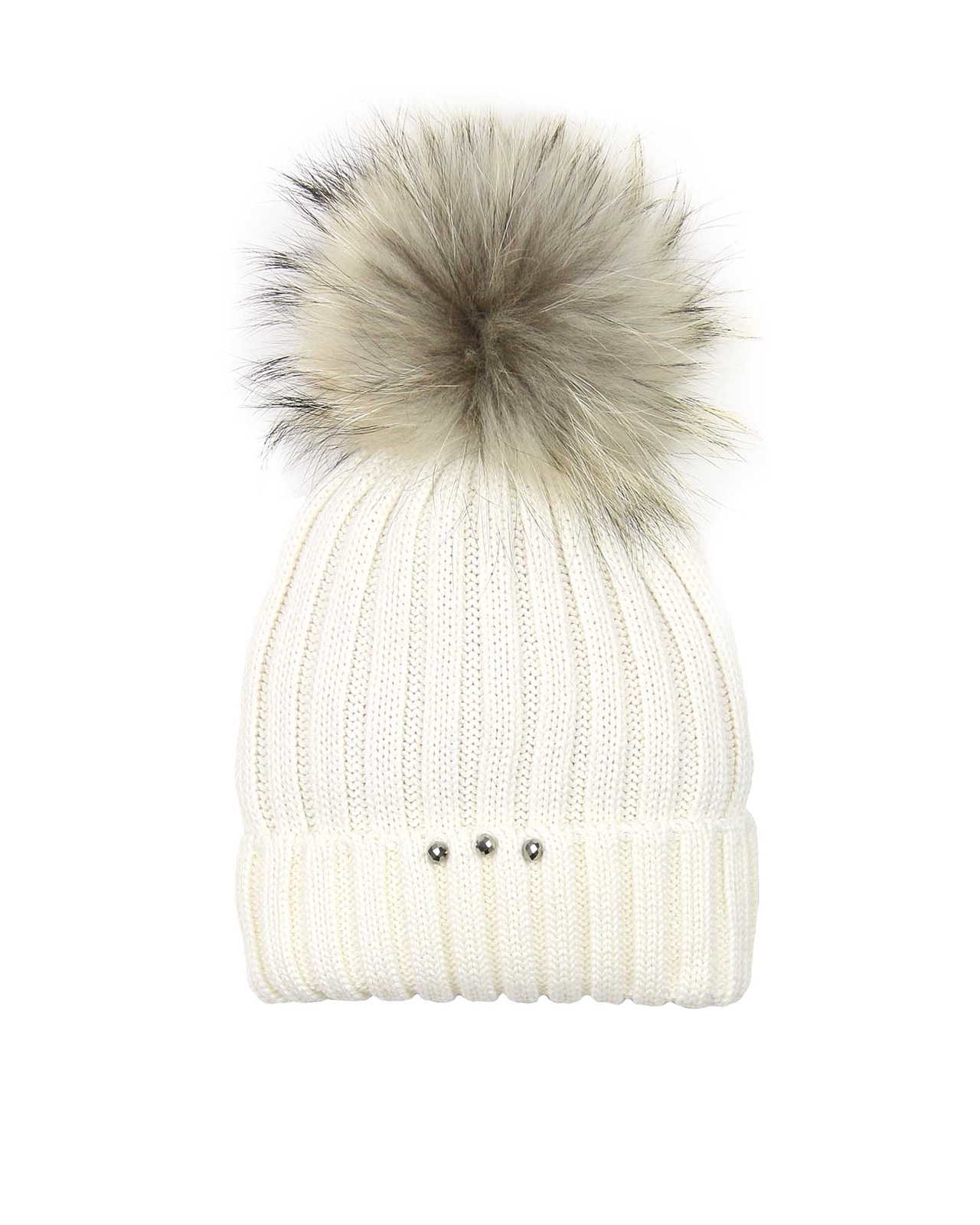 Barbaras Girls Wool Beanie Hat in Ivory with Racoon Pompom - Barbara ...