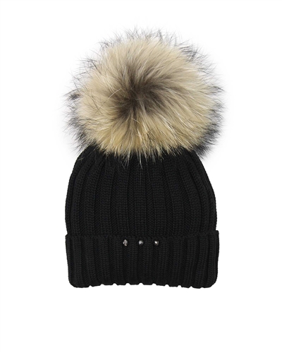 Barbaras Girls Wool Beanie Hat in Black with Racoon Pompom