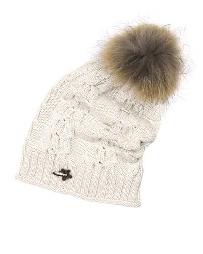 Barbaras Girls Slouchy Beanie in Beige with Racoon Pompom