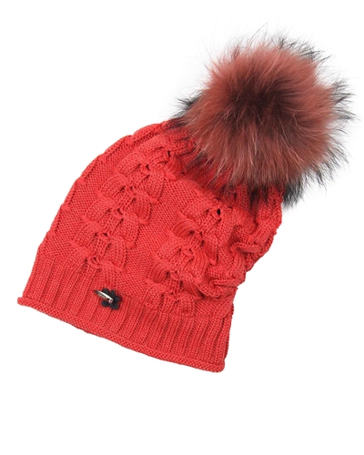 Barbaras Girls Slouchy Beanie in Red with Racoon Pompom