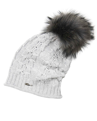 Barbaras Girls Slouchy Beanie in Grey with Racoon Pompom