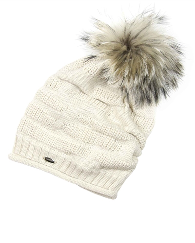 Barbaras Girls Slouchy Beanie in Beige with Racoon Pompom