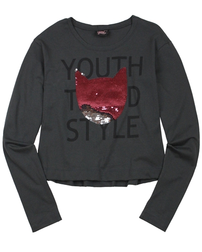 Gloss Junior Girls Cropped Top with Sequinned Cat in Grey