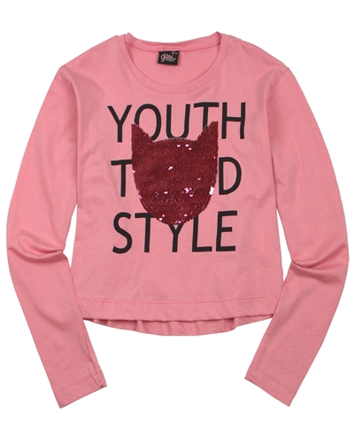 Gloss Junior Girls Cropped Top with Sequinned Cat in Pink