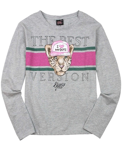 Gloss Junior Girls T-shirt with Stripes and Cheetah Print in Grey