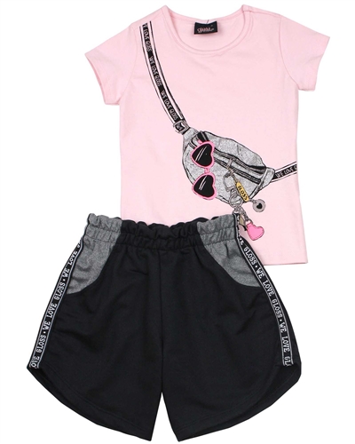 Gloss Girls T-shirt with Printed Purse and Terry Shorts Set in Pink/Black
