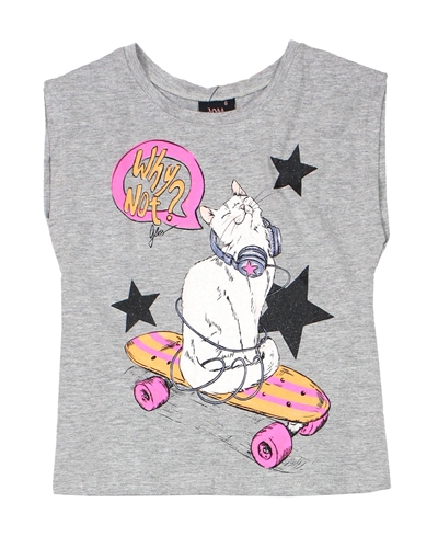 Gloss Girls Top with Cat Print in Grey