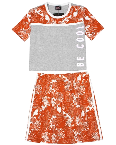 Gloss Junior Girl's Tropical Print Top and Skirt Set in Grey