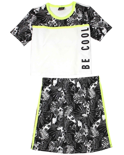 Gloss Junior Girl's Tropical Print Top and Skirt Set in Black