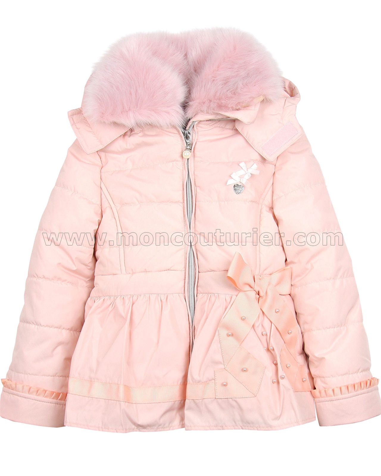 Sizes 3-12 Le Chic Girls Puffer Coat with Ruffles Peach