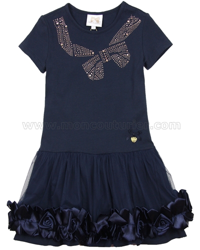 Le Chic Girls' Navy Jersey Dress with Rosettes