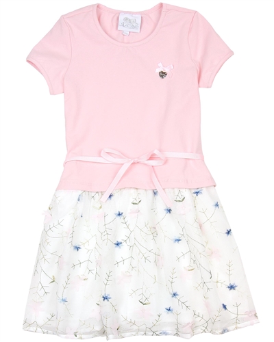 Le Chic Girls' Embroidered Tulle Dress in Pink