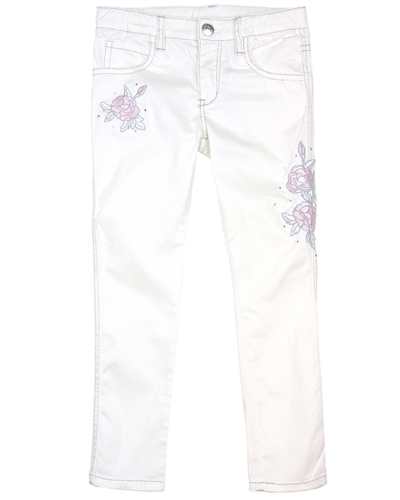 Le Chic Girls' Twill Pants with Embroidered Flowers
