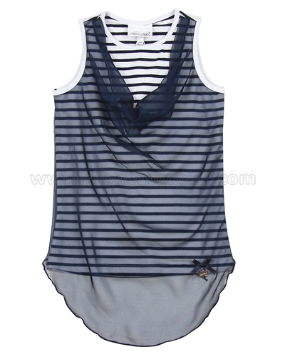 Le Chic Striped Top with Chiffon Front Navy