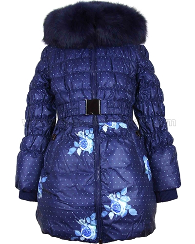 Lisa-Rella Girls' Quilted Down Coat with Real Fur Trim Roses Print