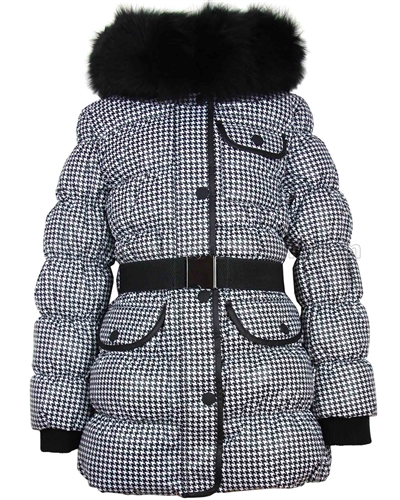 Lisa-Rella Girls' Quilted Down Coat with Real Fur Trim Houndstooth Print