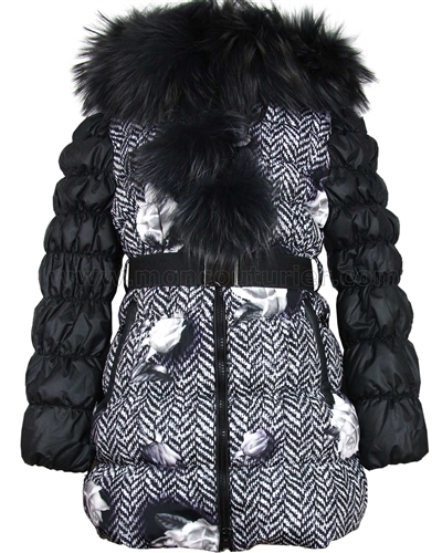 Lisa-Rella Girls' Quilted Down Coat with Real Fur Trim Herringbone/Roses
