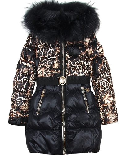 Lisa-Rella Girls' Quilted Down Coat with Real Fur Trim Leopard Print