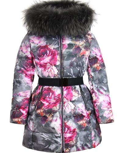 Lisa-Rella Girls' Quilted Down Coat in Gray Floral Print