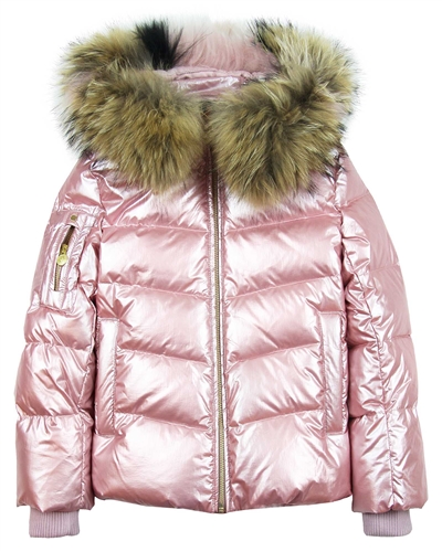 Lisa-Rella Girls' Pink Goose Down Coat with Real Fur Trim