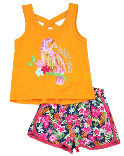 Losan Girls Top with Parrot and Printed Shorts Set