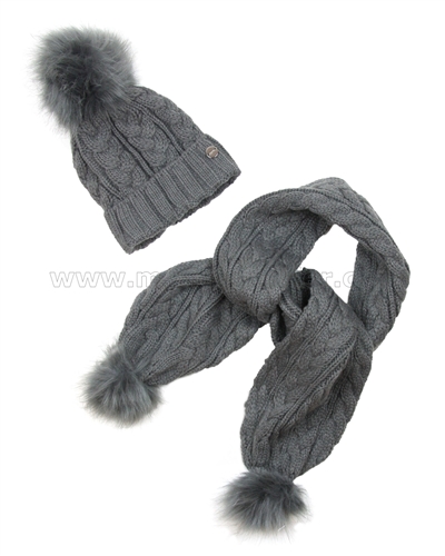 Mayoral Junior Girl's Cable Knit Hat and Scarf with Pompoms Gray