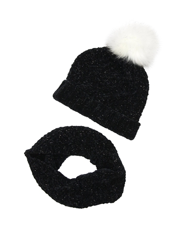 3Pommes Hat with Pompom and Snood Set in Black