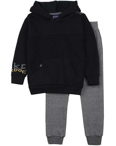 Quimby Boys Textured Hoodie in Black and Pants Set