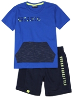 Quimby Boys T-shirt with Kangaroo Pocket and Shorts Set in Blue/Navy